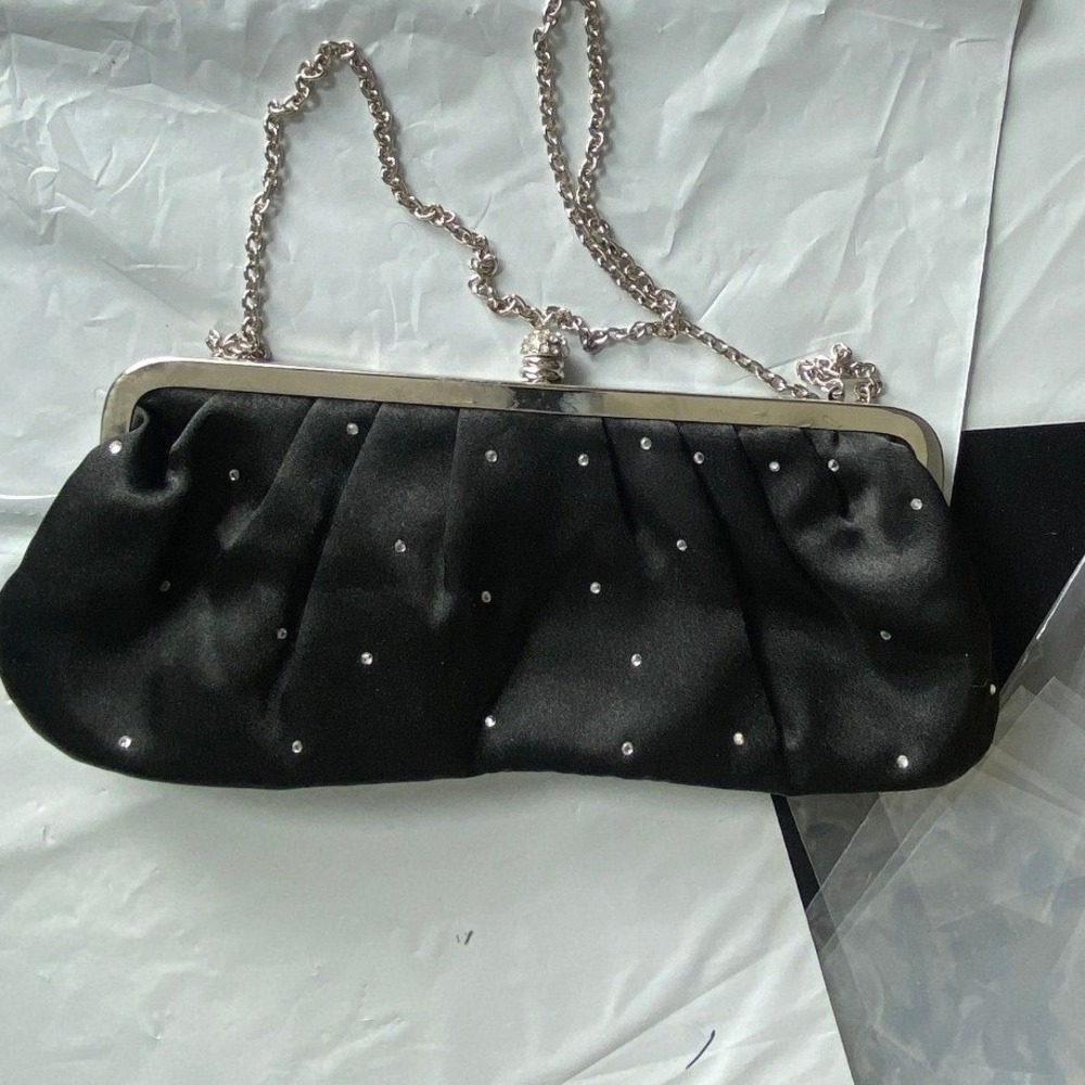 Black Beaded Evening Clutch Purse Silver Chain Strap Formal Party Bag